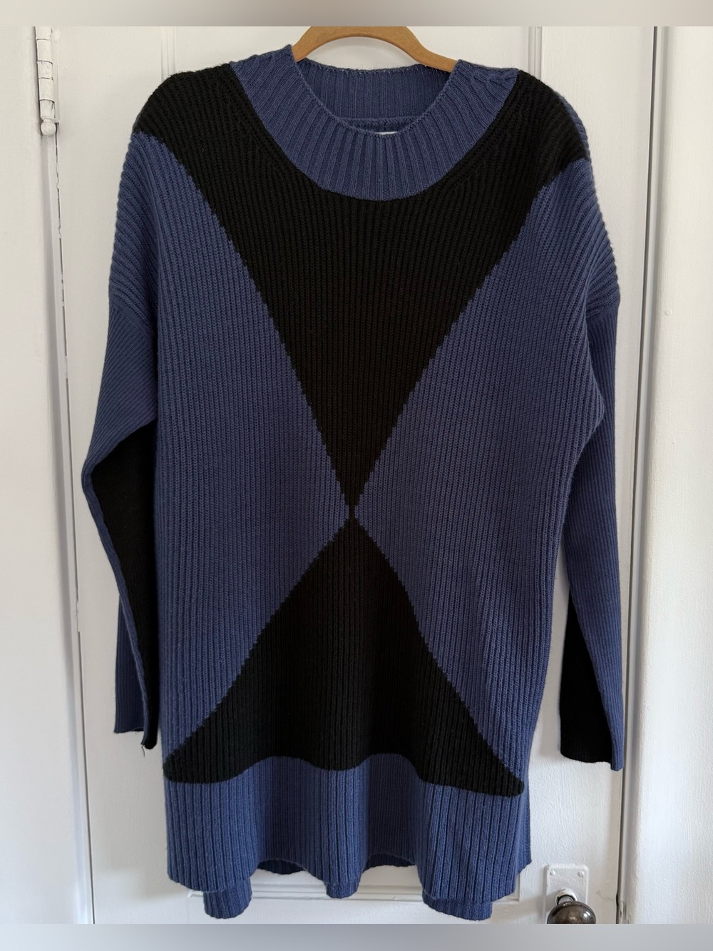Victor Alfaro Blue/Black Geometric Crewneck Wool Blend Sweater Oversized Dress